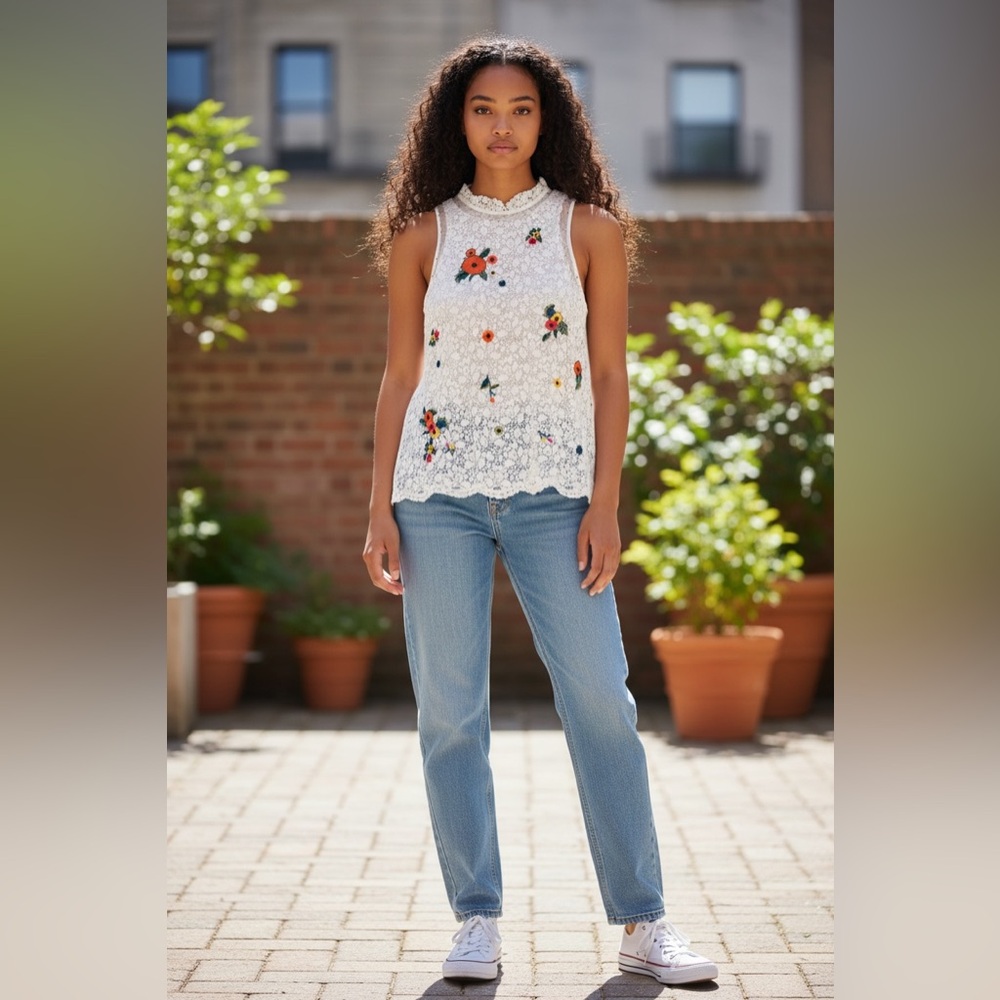 Maeve Anthropologie White Floral Embroidered Lace Shell Top Sleeveless Sz 2 - Picture 5 of 5